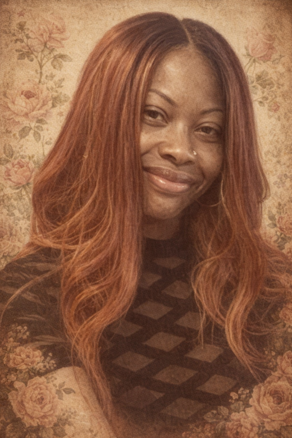 A woman with long, wavy red hair smiling against a vintage floral background.